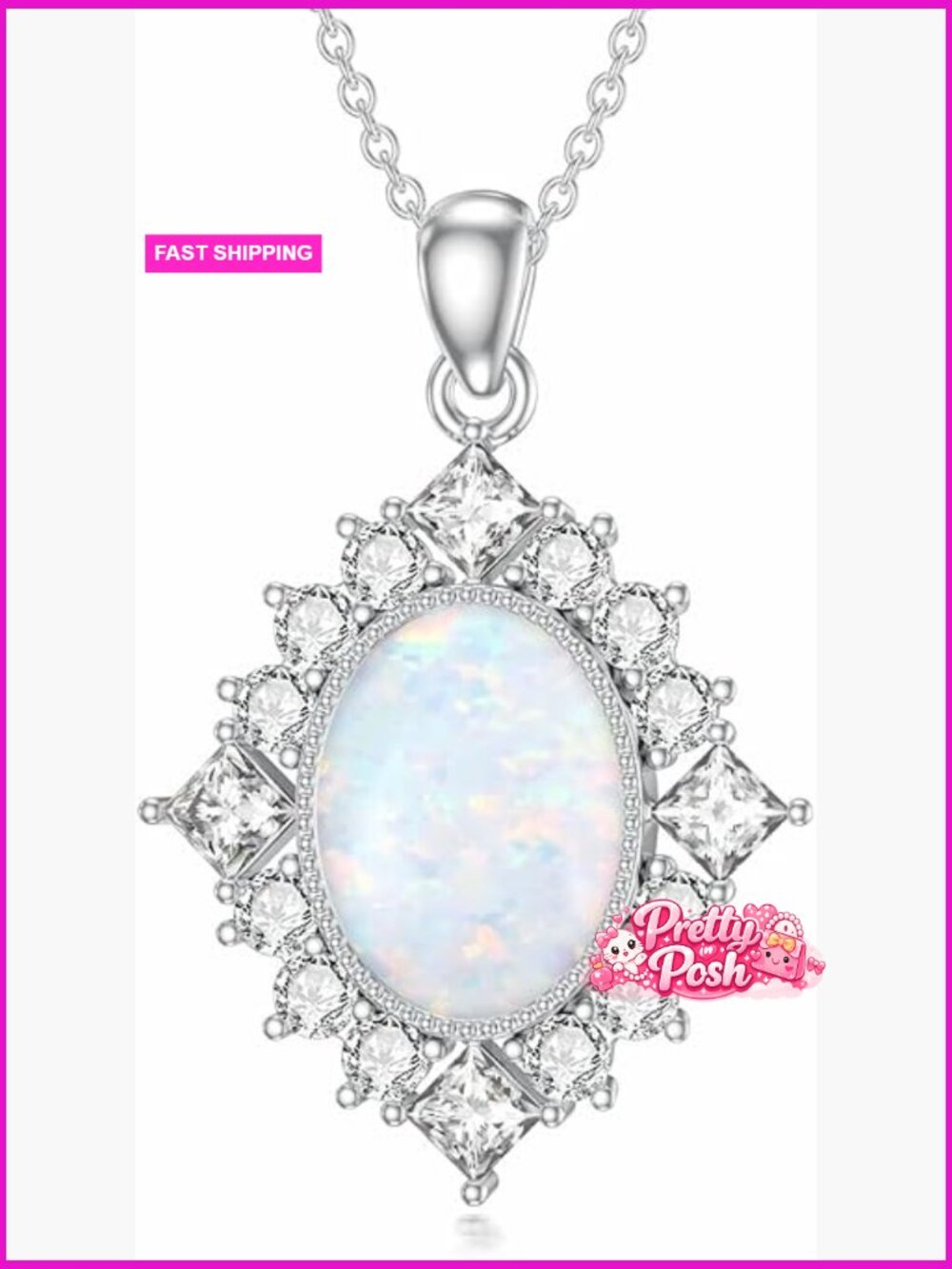 Vintage Opal Pendant Necklace Platinum Plated Silver 18''-20''